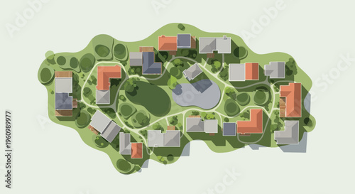 Aerial Top View of a Modern Suburban Housing Development with Green Landscaping, Winding Paths, and Central Pond; Architectural 3D Rendering for Real Estate Planning