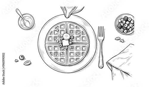 Delicious homemade waffle with syrup, butter, and berries on a breakfast table