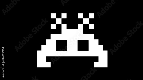 White pixel art alien character on black background. Classic retro 8-bit video game graphic, vintage arcade style monster illustration.