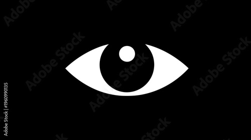 White abstract eye icon on black background, representing vision, security, privacy, and observation. Minimalist graphic symbol.