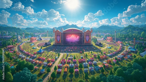 Vibrant Outdoor Music Festival with Colorful Tents and Crowds