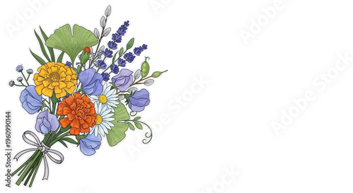 Colorful floral bouquet illustration against white background with copy space