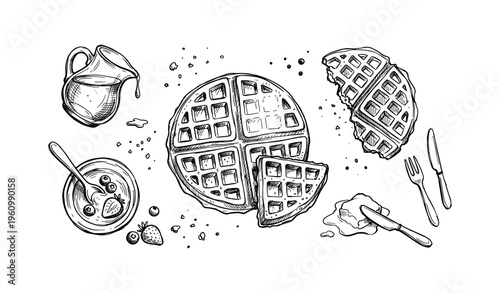 Hand-drawn breakfast waffles with syrup and berries on white background