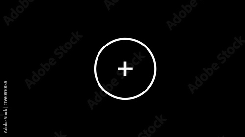 White plus sign in a circle icon on a black background, minimalist graphic for user interface, web and app design element