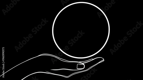 Human Hand Holding a Perfect Circle Line Art Illustration. Abstract, Minimalist Graphic Design Element on Black Background.