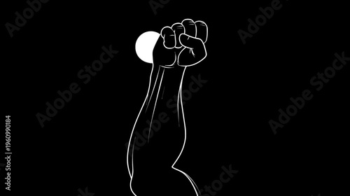 Strong arm flexing bicep with clenched fist holding a small white sphere. Minimalist black and white graphic illustration of power & fitness.