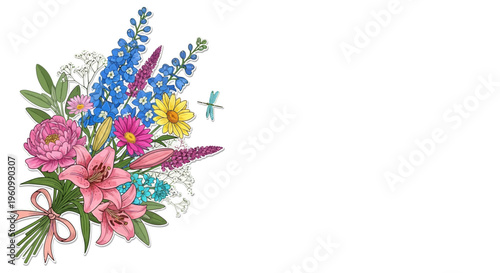 Colorful floral bouquet illustration with pink lilies and blue delphiniums