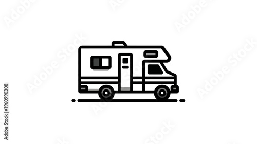 Simple line art icon of a recreational vehicle (RV) or motorhome, perfect for travel, camping, and road trip concepts.