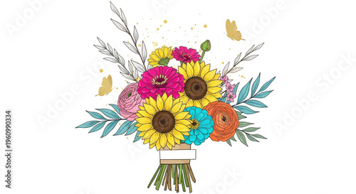 Colorful floral bouquet illustration with sunflowers and butterflies on white background