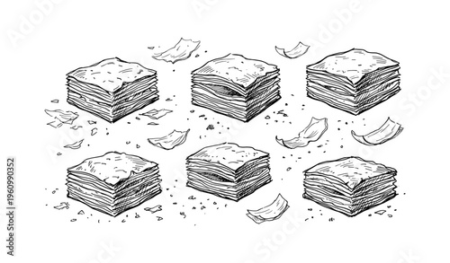 Hand-drawn sketch of layered pastries in various arrangements with crumbs and flakes