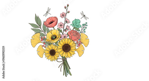 Colorful floral bouquet illustration with sunflowers and decorative elements