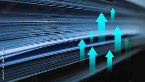 An abstract image of stacked paper with a few arrows moving upwards, indicating growth