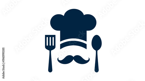 Culinary chef icon with hat, mustache, spatula and spoon for restaurant, food, cooking and kitchen design