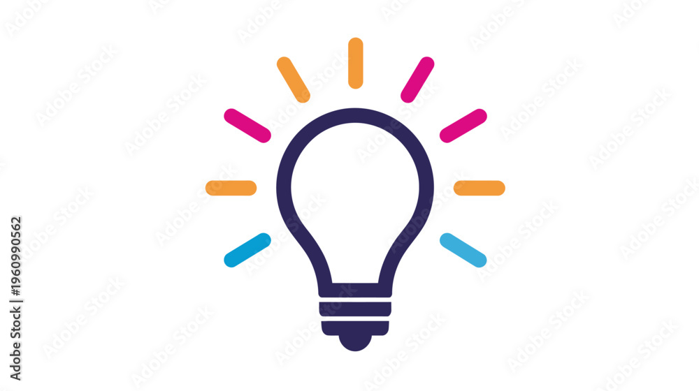 Fototapeta premium Vibrant lightbulb icon with colorful rays, representing a bright idea, innovation, inspiration, creativity, solution, and brilliant concept.