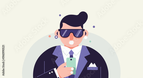 Stylish man in sunglasses and suit holding a smartphone