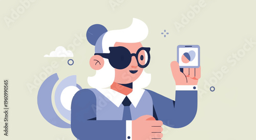Stylish person with eyepatch and glasses holding phone with data visualization