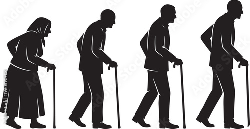 Silhouettes of four people aging, from youth to old age, symbolizing life stages and the passage of time, black and white