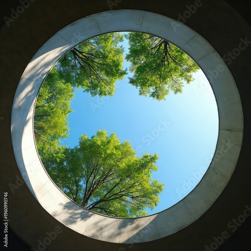 Looking up through a concrete circle at green trees against a bright blue sky. Nature and modern architecture blend seamlessly in this view.