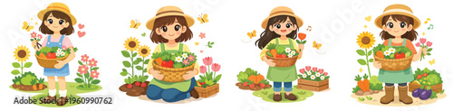 Vector of a woman harvesting crops such as vegetables, fruit and flowers. Vector, flat, illustration, minimalist, icon, icon set
