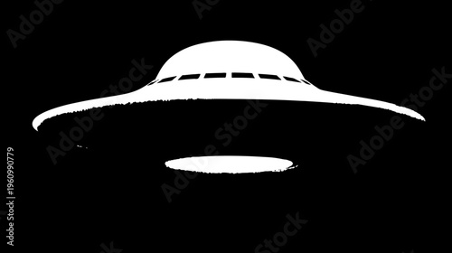 Classic flying saucer (UFO) silhouette in white against a dark black background, symbolizing alien spacecraft, sci-fi mystery, and space exploration.