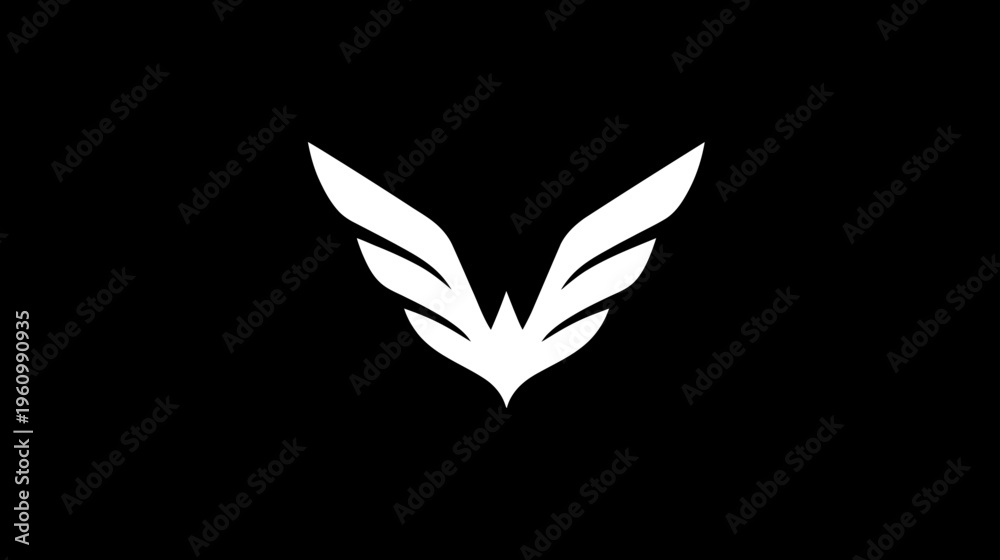 Fototapeta premium Abstract white wings logo on black background. Modern minimalist symbol for freedom, speed, or aviation. Stylized bird icon graphic design.