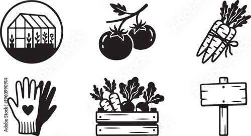 Gardening icons set: greenhouse, tomatoes, carrots, gloves, produce crate, signboard, black and white
