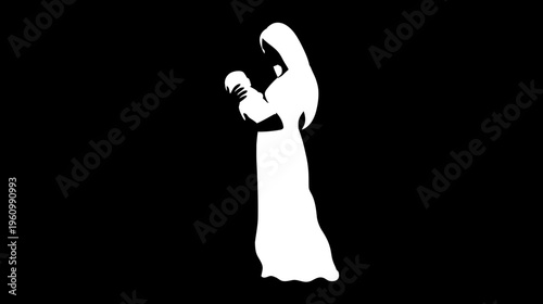 Loving Mother Cradling Baby Silhouette Icon. Black and White Abstract Symbol of Motherhood, Family, and Parental Love.