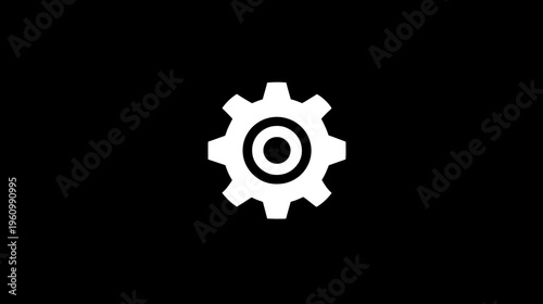 White gear icon on black background, representing settings, options, configuration, mechanics, and technology