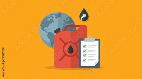 Flat vector illustration of global oil industry concept, red fuel container with black oil drop symbol