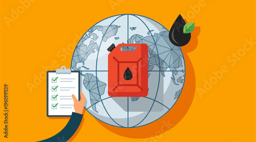 Flat vector illustration of global oil industry concept, red fuel container with black oil drop symbol