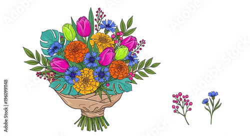 Colorful hand drawn bouquet of various flowers on a white background