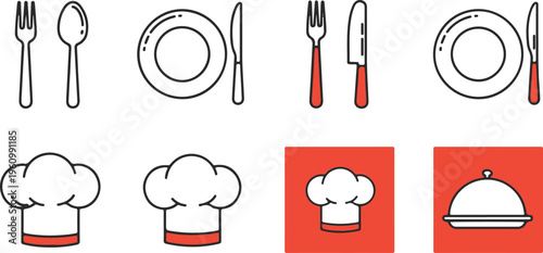 Flat lay dining tableware set with chef hats and cloche on red background minimalist illustration
