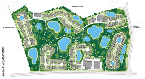 Sustainable Residential Master Plan Site Layout with Green Spaces and Rainwater Management Ponds