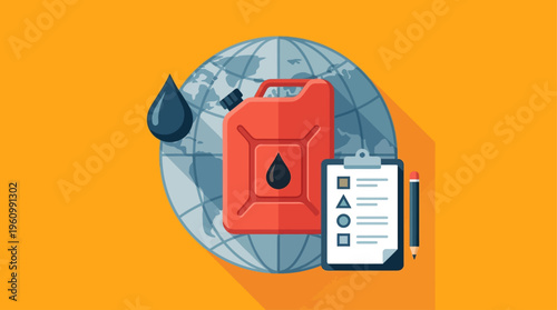 Flat vector illustration of global oil industry concept, red fuel container with black oil drop symbol