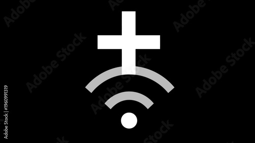 Concept of digital faith: White Christian cross merged with Wi-Fi symbol on black background, illustrating online spirituality and modern connection.