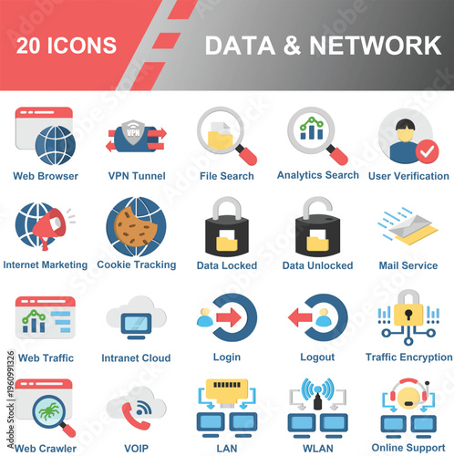 20 Data and Network Flat Icons Set – Web Browser, VPN Tunnel, File Search, Analytics, User Verification, Internet Marketing, Cookie Tracking, Data Security, Cloud, LAN, WLAN, VOIP, Online Support