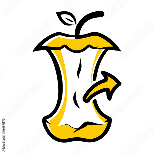 Apple core with recycling arrow symbol representing food waste and composting with yellow and black outline.