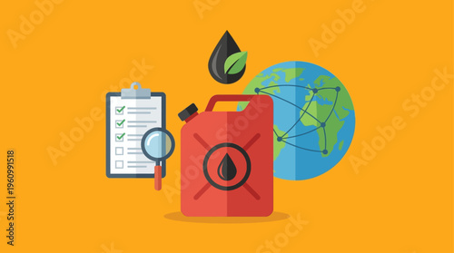 Flat vector illustration of global oil industry concept, red fuel container with black oil drop symbol