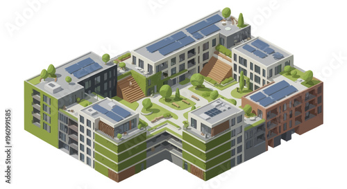Modern Sustainable Apartment Building Isometric 3D Illustration with Solar Panels, Vertical Gardens, and Rooftop Green Spaces - Eco-Friendly Urban Architecture Concept