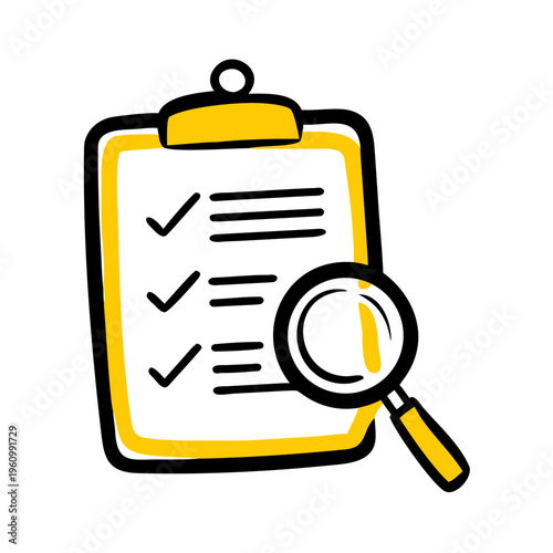 Hand drawn checklist clipboard and magnifying glass doodle art style search verify review