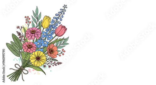 Colorful hand drawn floral bouquet on white backdrop with copy space