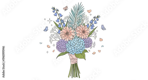 Elegant bouquet of colorful flowers with delicate details on white background