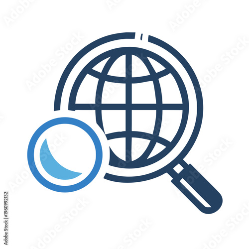 Globe with magnifying glass and circle search symbol isolated on transparent background