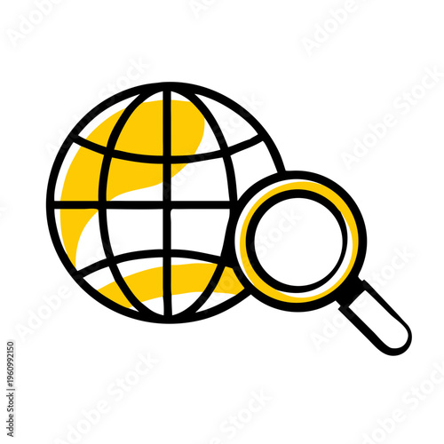 Yellow globe and magnifying glass symbol isolated on transparent background