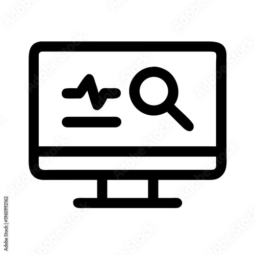 Computer monitor displaying heart rate graph and magnifying glass icon