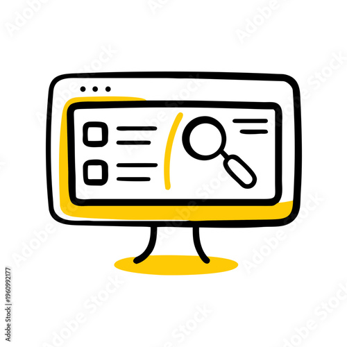 Hand drawn computer screen with search magnifying glass checklist and data lines