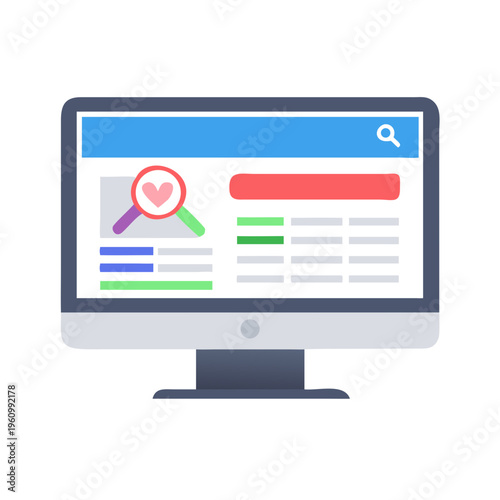 Computer screen with web page elements and search bar, magnifying glass and heart icon