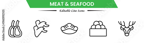 Meat and seafood icons depicting steaks, fish, shrimp, chicken, fillets, shellfish, cooking, grilling, freshness, protein, nutrition, butchery, cuisine, preparation, and ingredients.