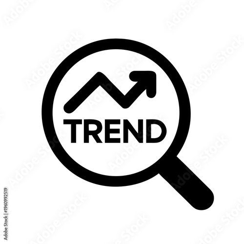 Magnifying glass examines upward trending graph and word trend, analysis and growth concept