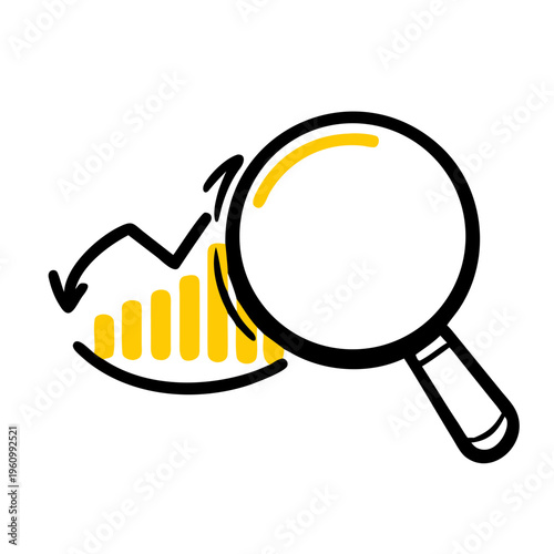 Hand drawn magnifying glass and bar chart with trend line over grey background